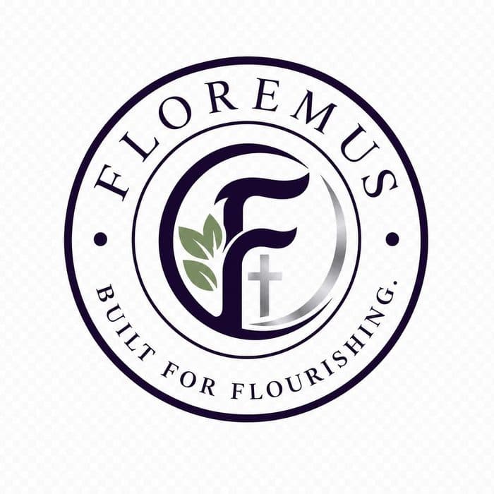 Floremus logo, a rain-drop F mark with a leaf and cross